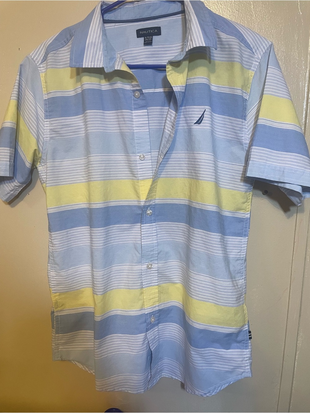 Nautica Boy’s Short Sleeve Striped Button-Down Shirt - Light Blue & Yellow